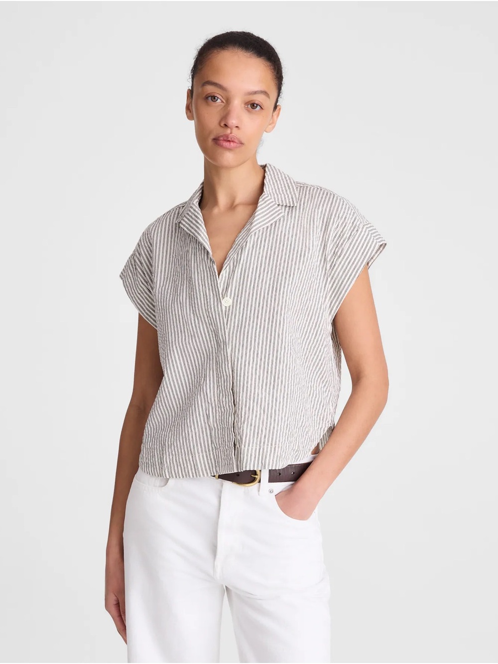 Madewell Notch Collar Popover Striped Short-Sleeve Button Front Top